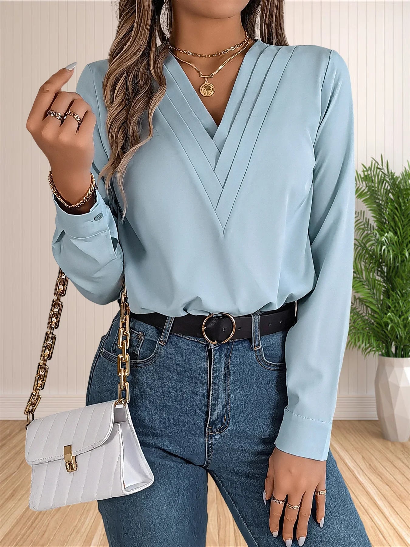 Elegant Layered V-Neck Work Blouse