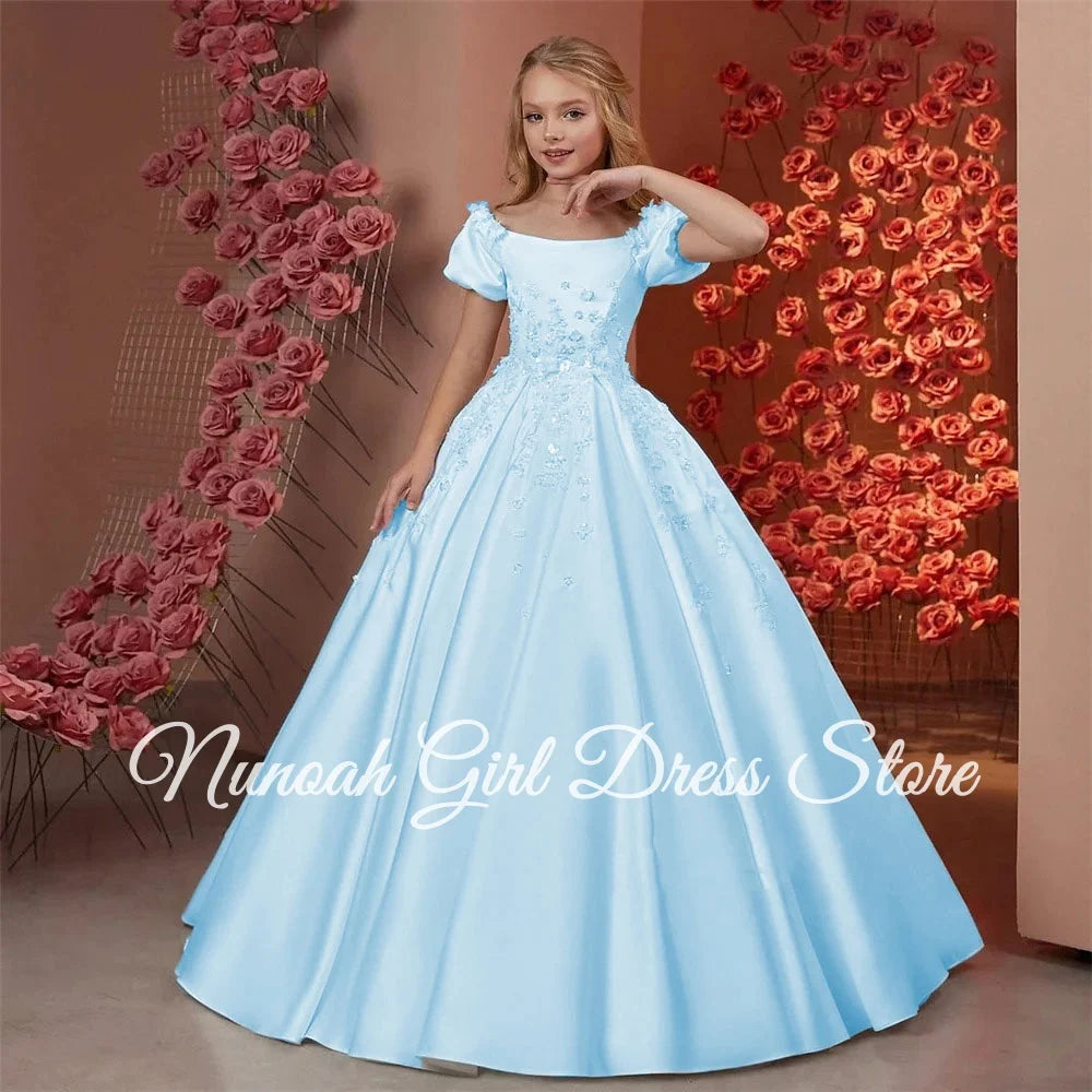 Elegant Flower Girl Dresses for Wedding Satin Beaded Floral Floor Length Girl Kids Birthday Party First Holy Communion Gown
