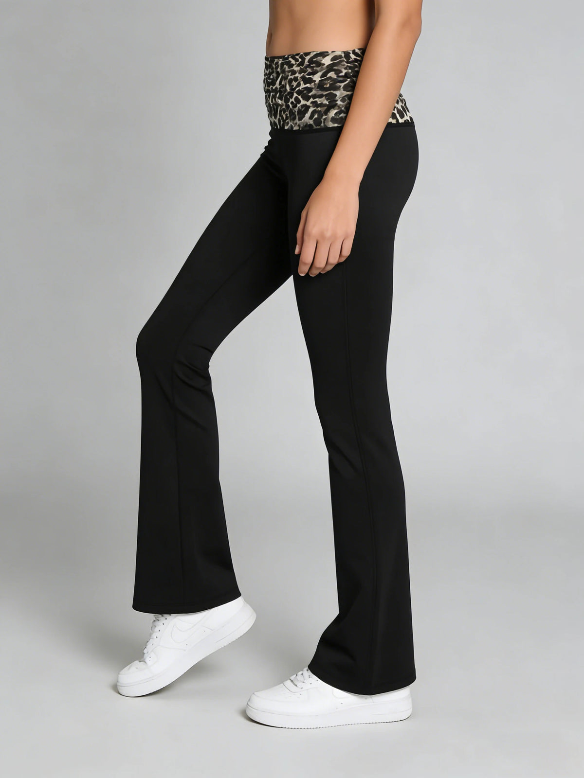 Fashionable Leopard Print Pleated Yoga Pants High Elastic Comfort Slim Fit Bell Bottoms Waistline Splicing Sporty Trousers