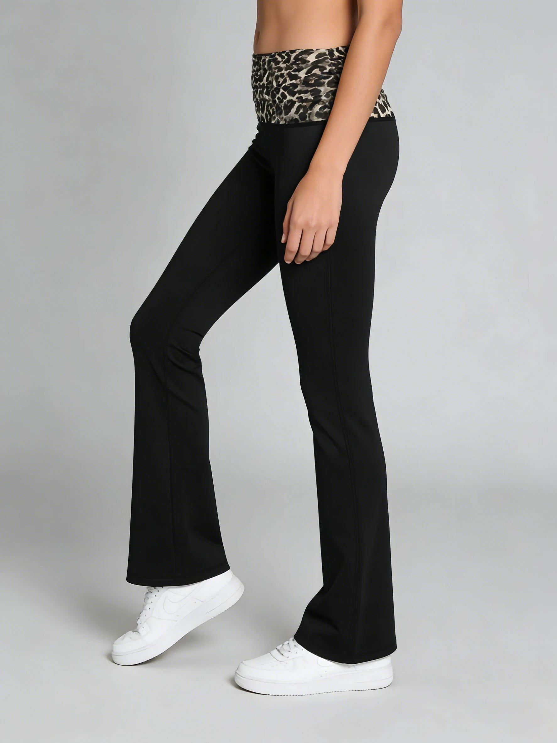 Fashionable Leopard Print Pleated Yoga Pants High Elastic Comfort Slim Fit Bell Bottoms Waistline Splicing Sporty Trousers