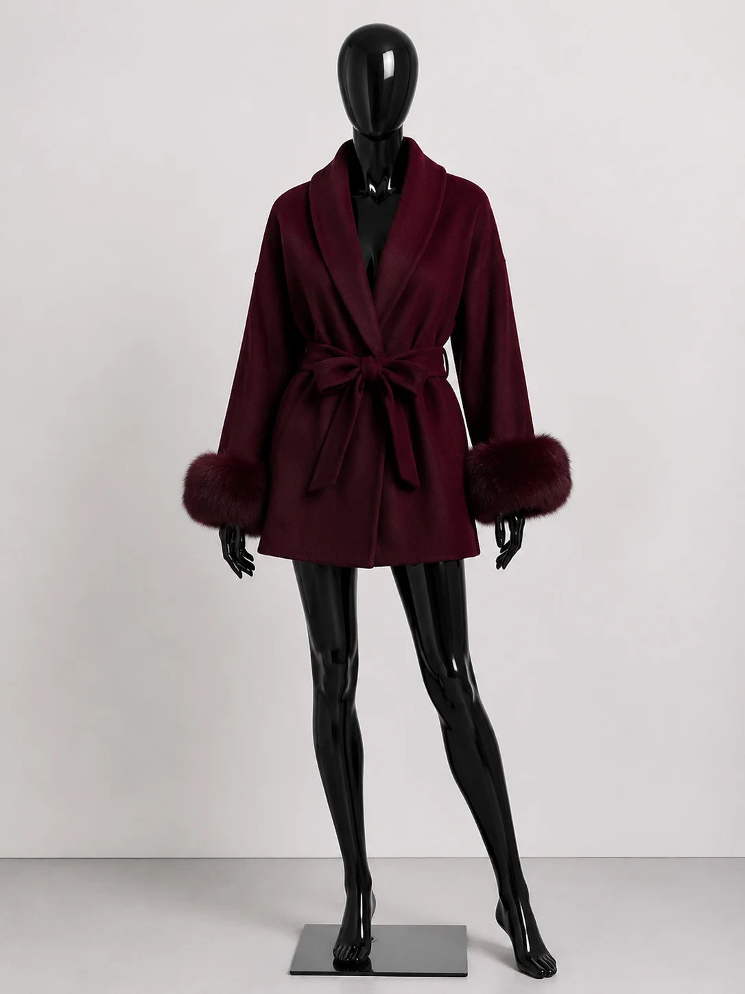 Women's Wool Coat with Fur Cuffs Minimalist Soft Wool High Fashion Belted Winter Fur Trim Coat Old Money Style Natural Fur Coat