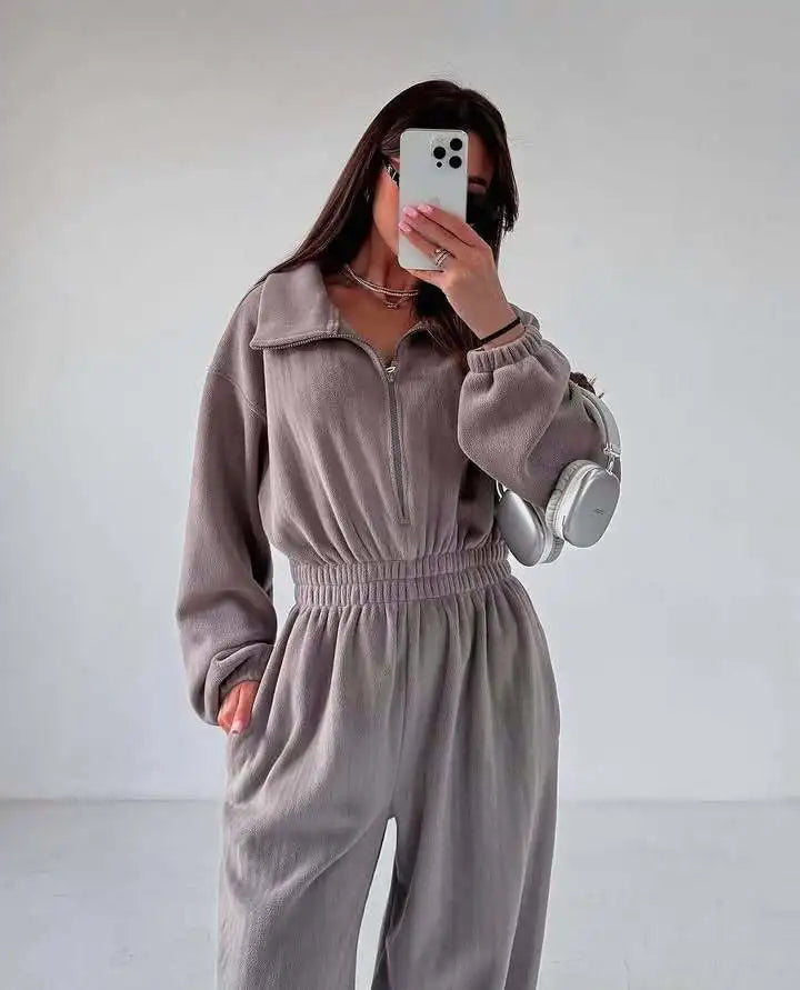 Jumpsuit Women 2026 New Fashionable Long Sleeved Jumpsuit for Women's Casual Half Open Collar Elastic Waist Jumpsuit