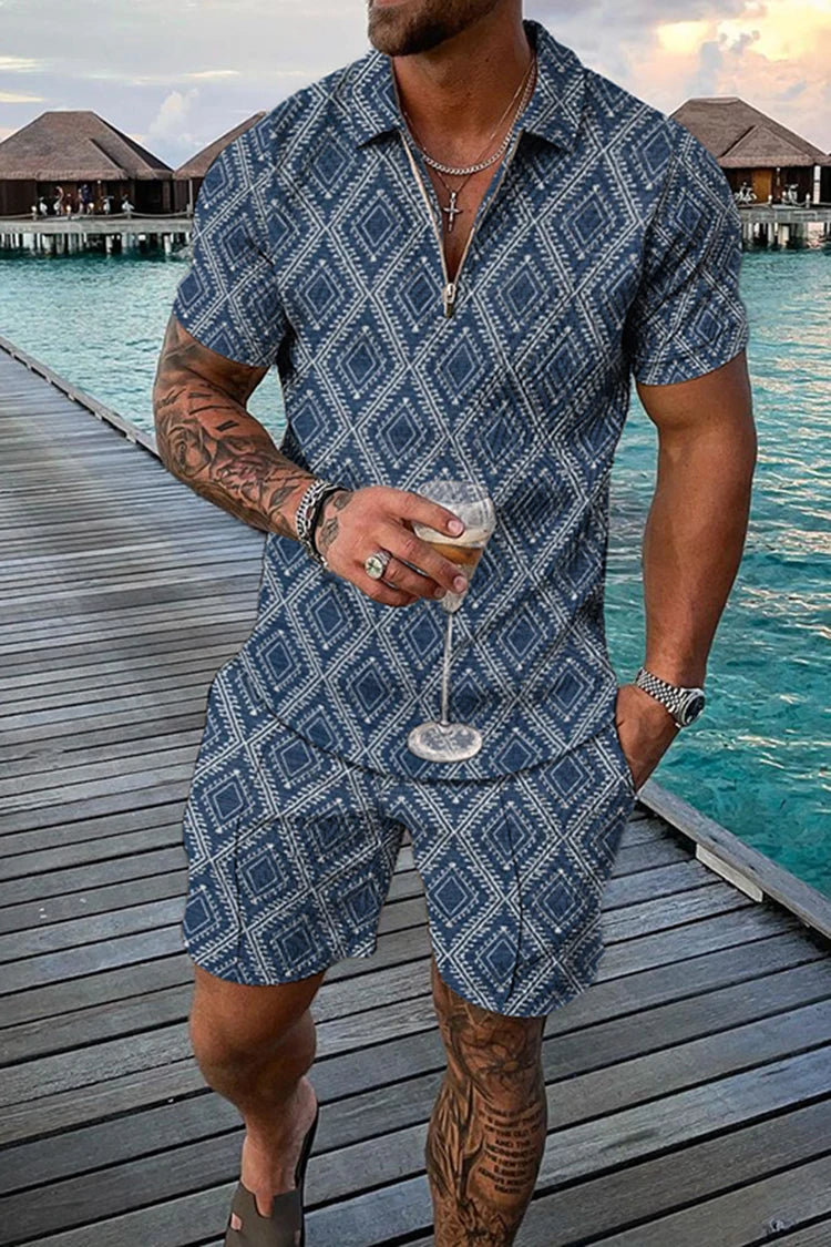 Summer Men's Tracksuit Short Sleeve Polo Shirt Set Fashion Luxury Chain Print Clothing 2 Pieces Casual Suit Streetwear Outfit