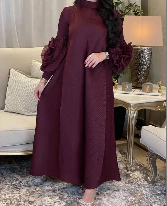 Women Elegant Evening Party Dresses 2025 Summer New Solid Colour Classic Long Sleeve Plate Flower Design Prom Dresses Female