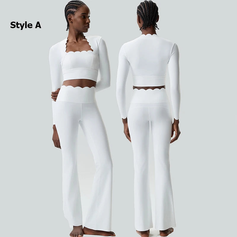 Women Two Pieces Fitness Yoga Set Solid Color Long Sleeve Gym Sportswear Breathable Quick Dry Workout Clothes Female Suit