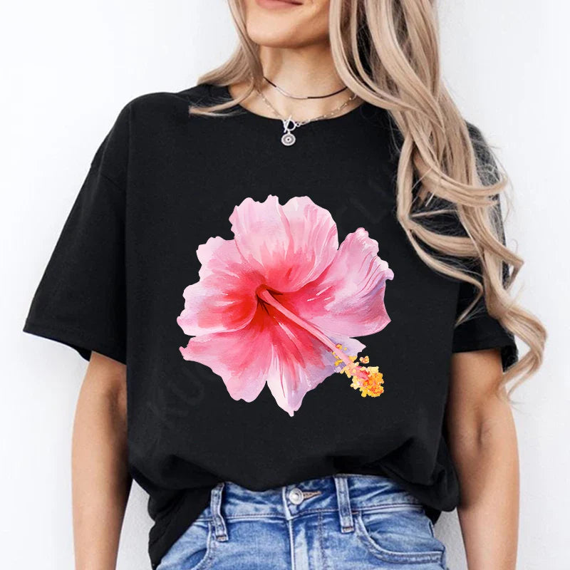 Pink Hibiscus Casual Y2K Tee