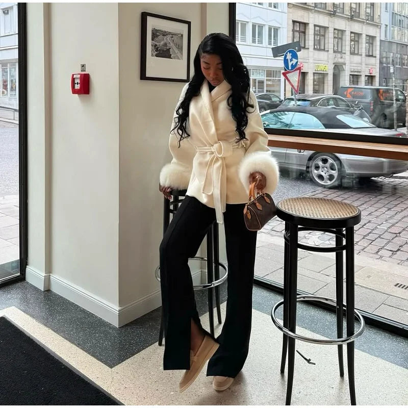 Elegant Women's Lace Up Woolen Coats Solid Full Sleeve Turn-down Collar Loose Lady Coats 2025 Autumn Winter Female Streetwear