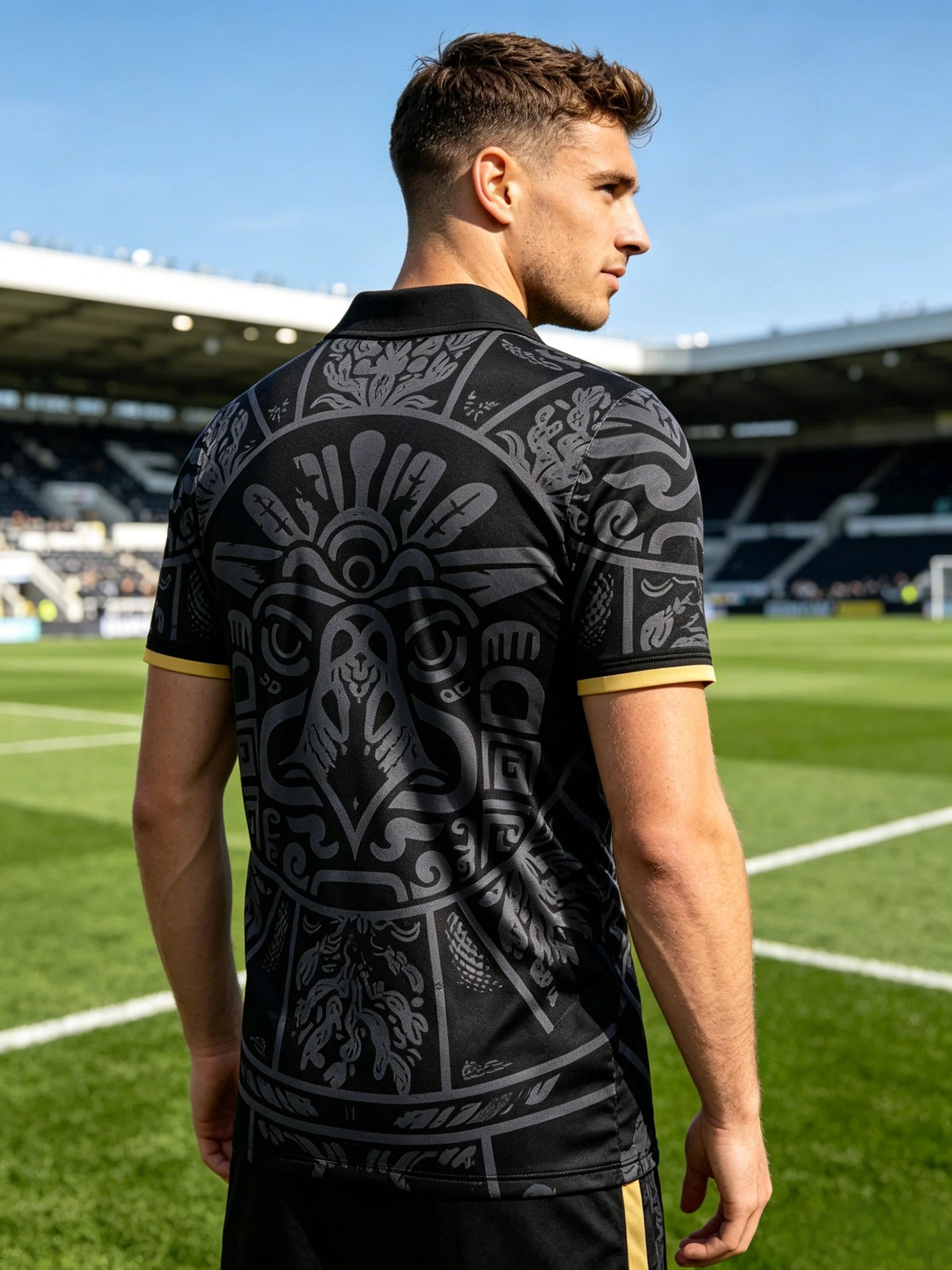 Men's Mexico inspired football polo. Classic black & gold design, lightweight top for sports and daily casual wear