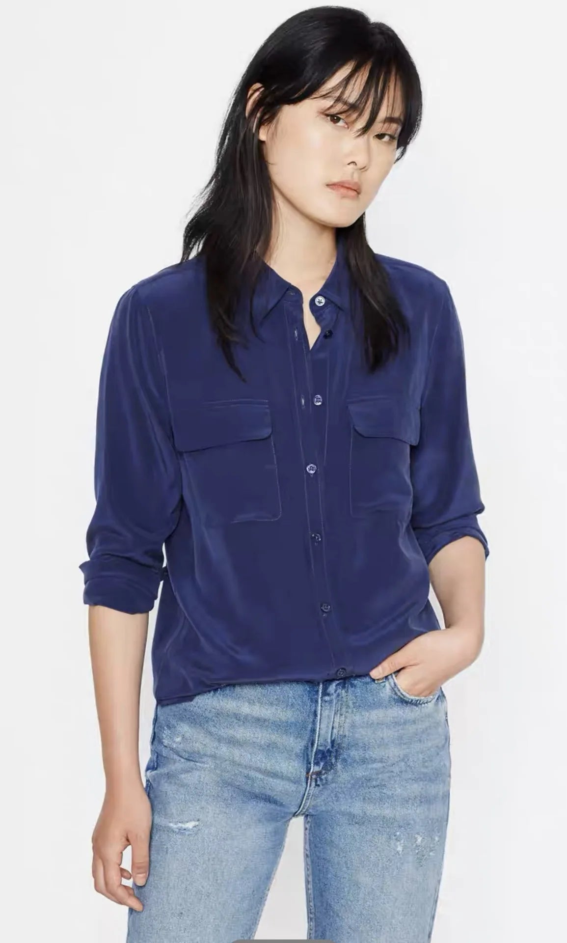 Women Real Silk Shirts Classic Double Pockets Solid Color Casual Fashion Long Sleeve Thin Shirt Blouses Tees