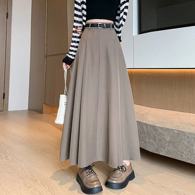 Elegant Skirts for Women Korean Style Long Skirt Female Black Pleated Midi Skirt Women's Clothing Office Lady Skirts Outfits New