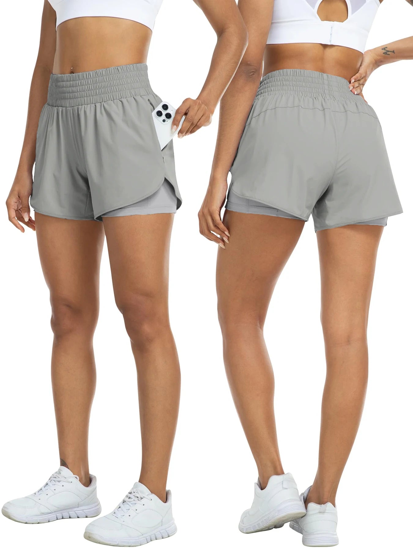 Women's high-waisted athletic shorts for running, yoga, layered design, anti-exposure, fitness, and workout with pockets