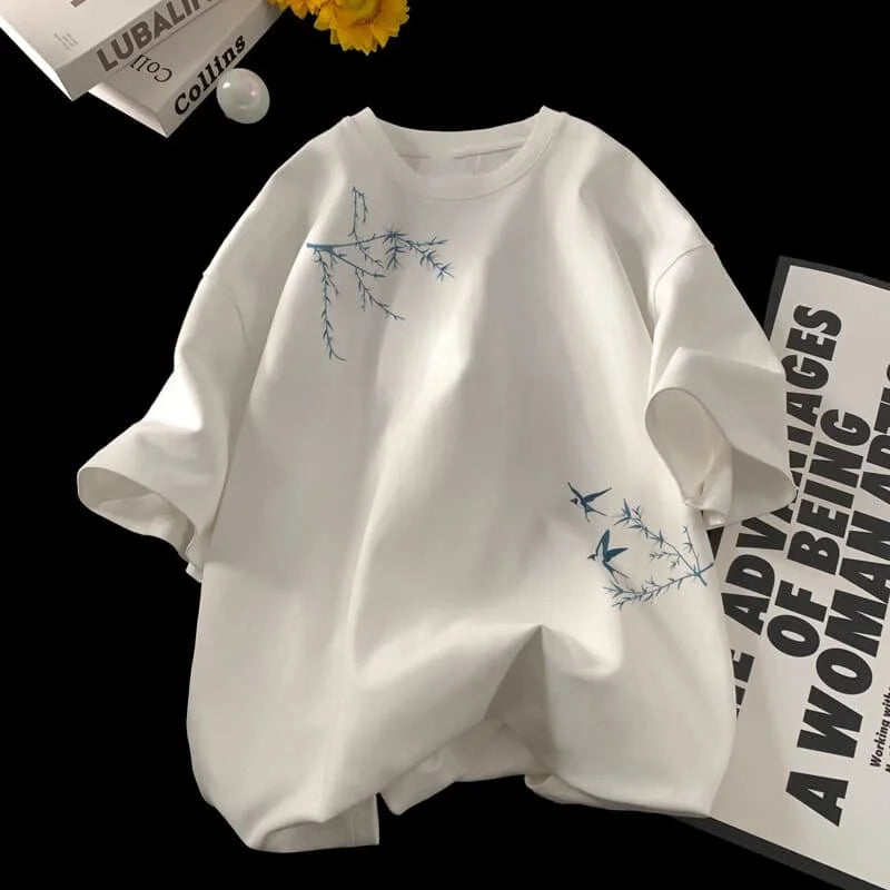 Men's Oversized T-shirts Fashion White Cotton T Shirt for Men Casual Summer Wear Bird Print Tee Shirts Men Clothing Lightweight
