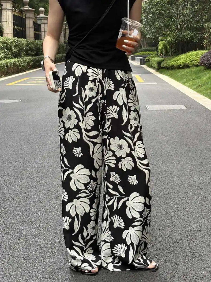 Wide-leg Pants for Women Summer Thin Printed New Style Drawstring Elastic Loose Straight Casual