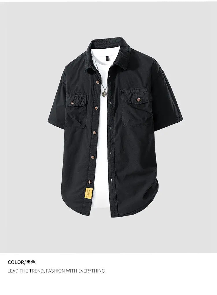 Workwear shirt for men summer loose and casual short-sleeved men American retro lapel coat trendy brand outdoor wear