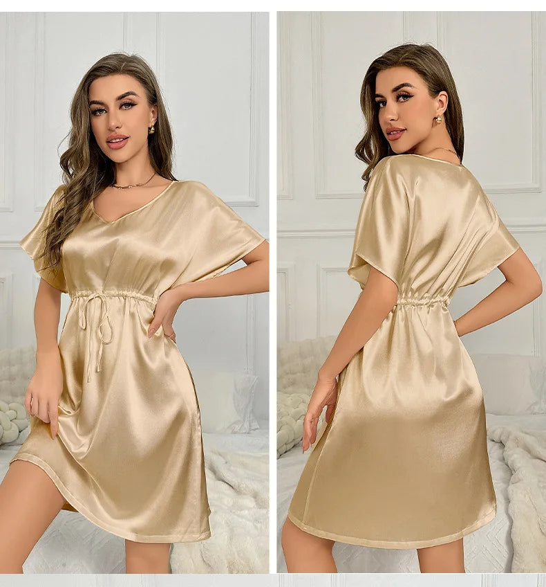 V-Neck Nightdress Loungewear Women Sleepwear Morning Gown Lingerie Sleepdress Robe Summer Nightgown Silky Satin Home Dress