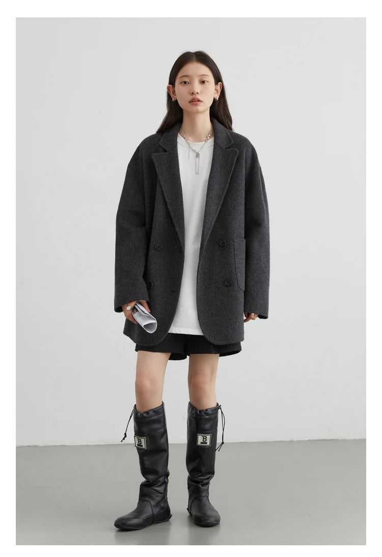 CHIC VEN Women's Woolen Coats Loose Casual Double Breasted Retro Double-sided Jacket Office Lady Outerwear Autumn Winter 2026
