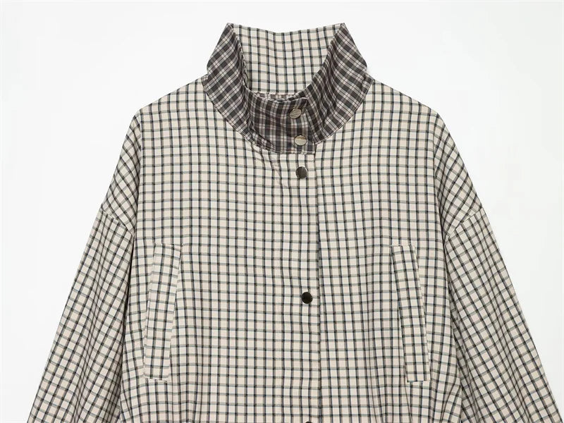 Women's Coat 2026 New Autumn Gray Plaid Long Sleeve Loose Drawstring Decorative Coat Casual Fashion Personal Ladies Outerwear
