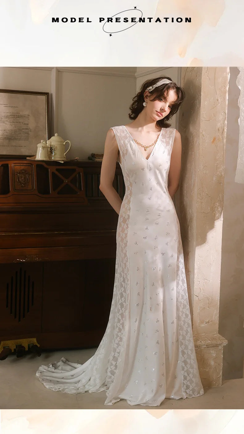 Women's Nightgown Luxury V Neck Sleeveless Night Dress Fashion Slim White Princess Long Dress Summer Ladies Sleepwear Vestido
