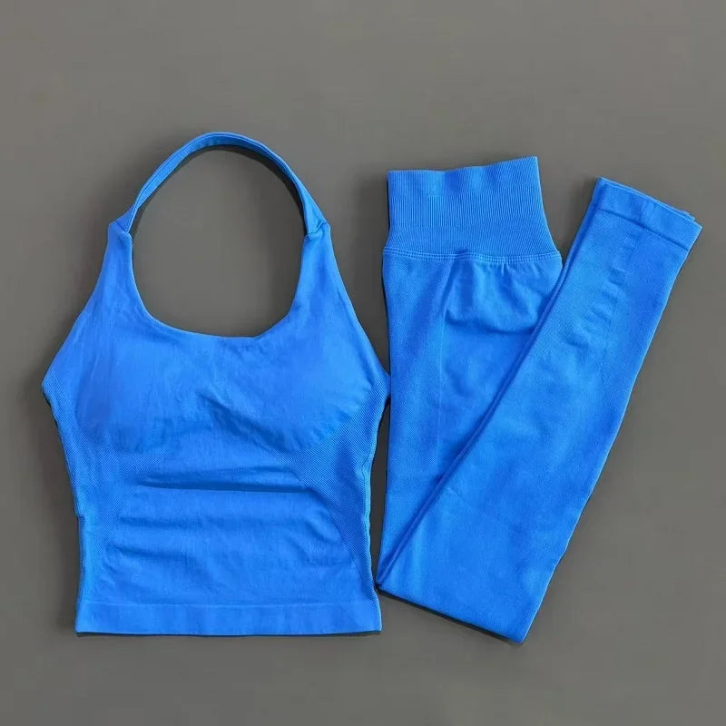 Women Yoga Set Seamless Sports Halter Neck Top Waist Trainer Leggings Suit Squat Proof Butt Lifting Workout Fitness Gym Clothing