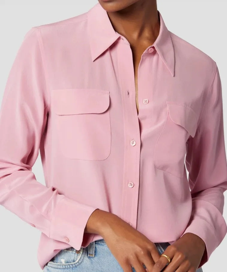 Women Real Silk Shirts Classic Double Pockets Solid Color Casual Fashion Long Sleeve Thin Shirt Blouses Tees