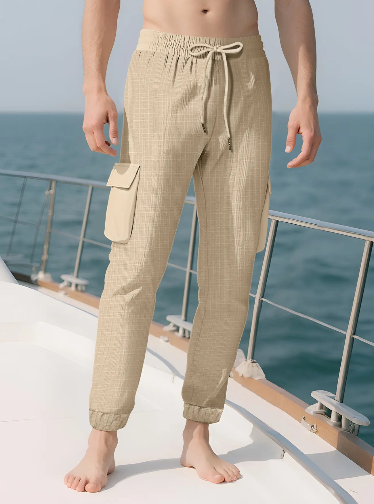 Men's Grid Cargo Joggers Drawstring Elastic Waist Multi Pocket Casual Ankle Length Trousers