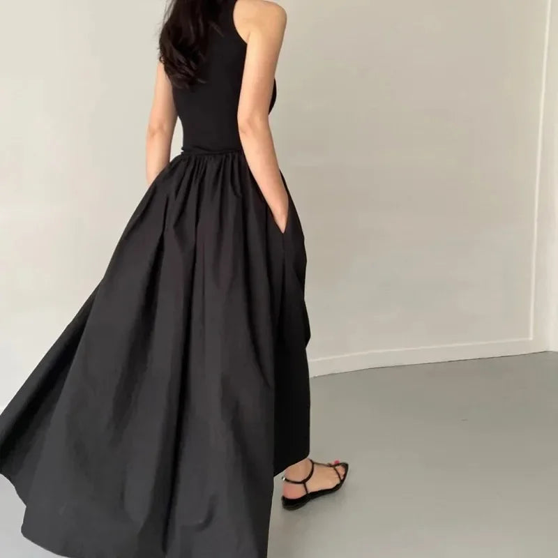 Female Fashion Style Dress New Summer Simple Elegant Black Long Dresses For Women Round Neck Sleeveless High Waist Temperament