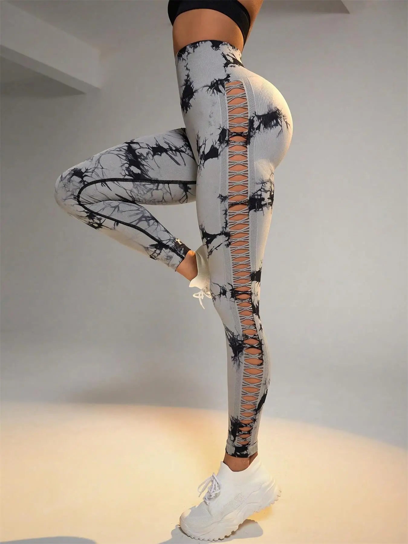 Women's Sporty Tie-Dyed Side-Cut Yoga Pants, Fashionable High-Waisted Hip-Lifting Sports Pants, Seamless Stretch Tight Pants