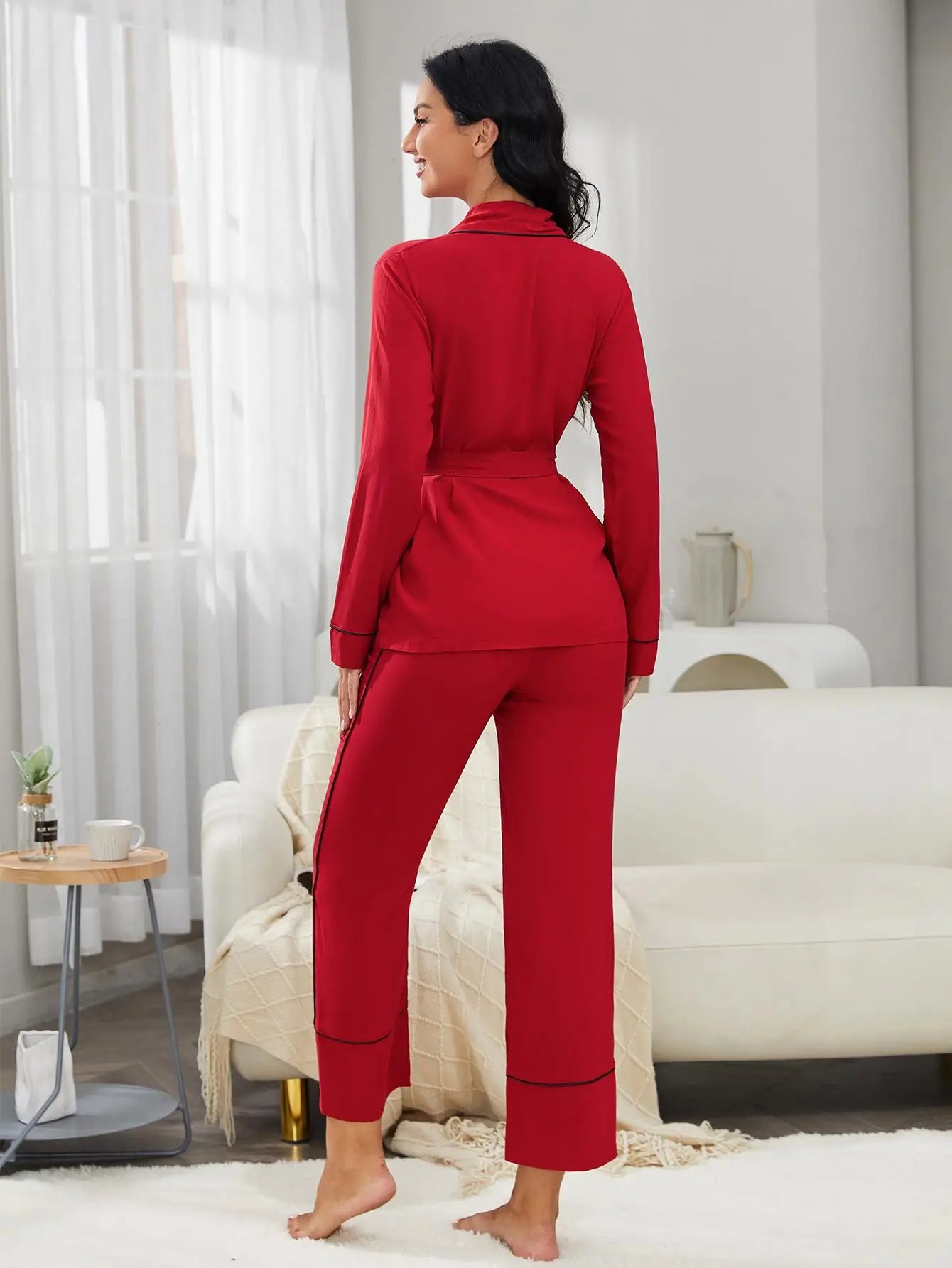 Wrap Belt V Neck Pajama Set