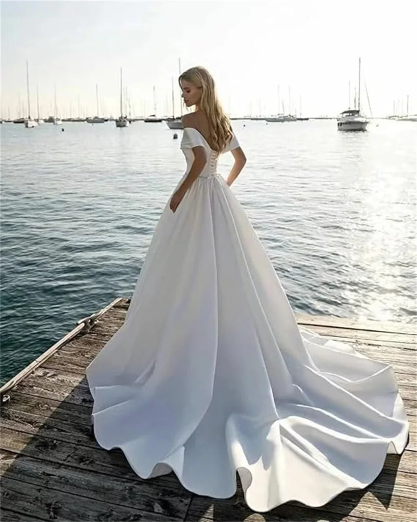 Simple Off Shoulder Satin Evening Gown