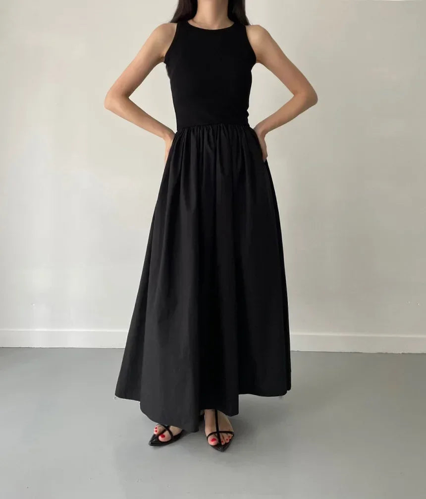 Female Fashion Style Dress New Summer Simple Elegant Black Long Dresses For Women Round Neck Sleeveless High Waist Temperament