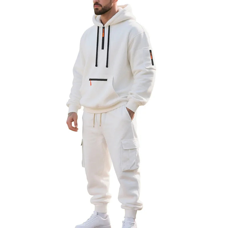 Men's Heavyweight Fleece-Lined Casual Tracksuit Set for Winter - Loose-Fit, Half-Zip, 2-Piece Workwear Style