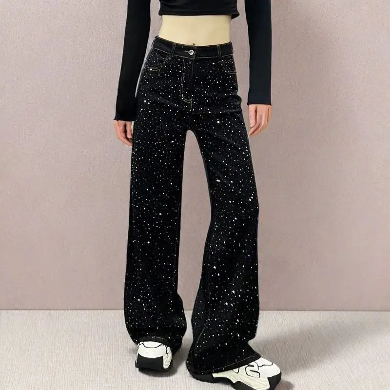 New Female Black Jeans Are Cool Studded With Diamonds. Casual Denim Trousers High-waisted, Straight-leg Wide-leg Pants Women's