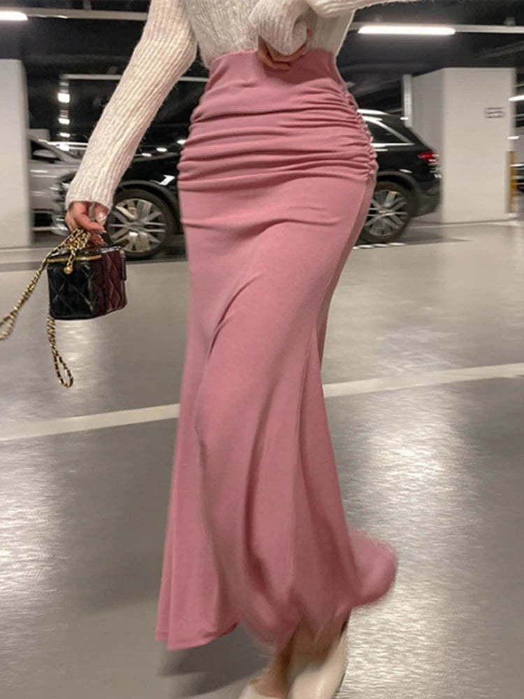 Shirred Satin High Waist Midi