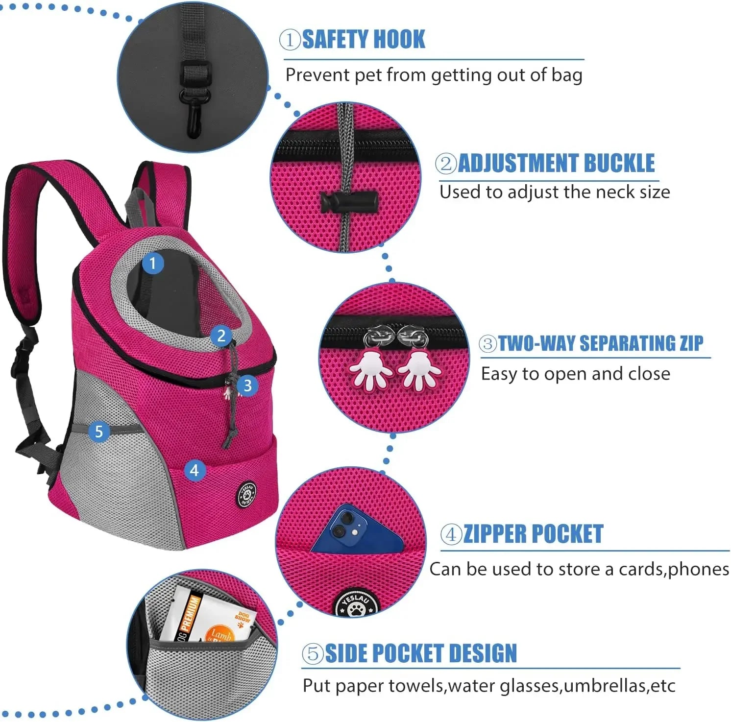New Dog Pet Backpack Carrier Travel Bag Front Pack Breathable Adjustable with Safety Reflective Strips for Hiking Outdoor Cats
