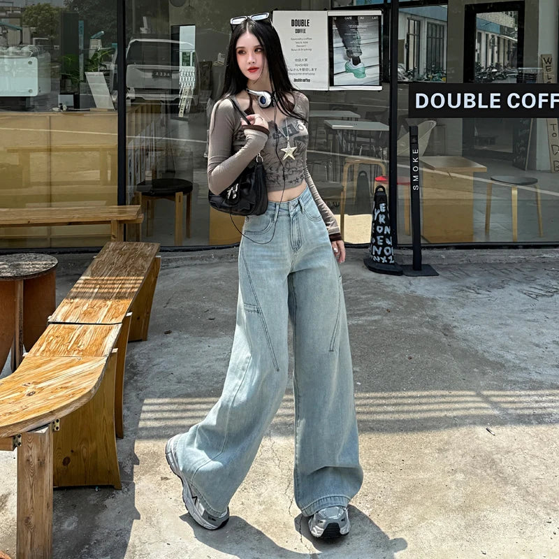 High Waisted Wide Leg Jeans Women Cotton Retro Denim Y2k Loose Fashion Design Sense Pant Streetwear Baggy Straight Trouser Woman