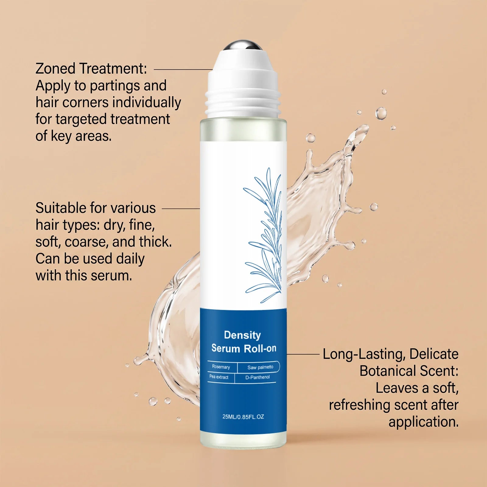 Roll On Hair Serum Leave In Care Scalp Oil Balancing Non Greasy Smooth Frizz Portable Touch Up with Rosemary Extracts 25ml