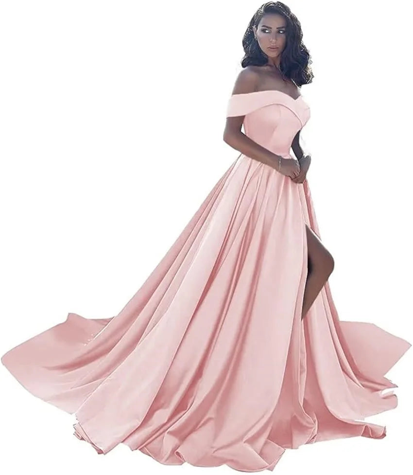 Simple Off Shoulder Satin Evening Gown