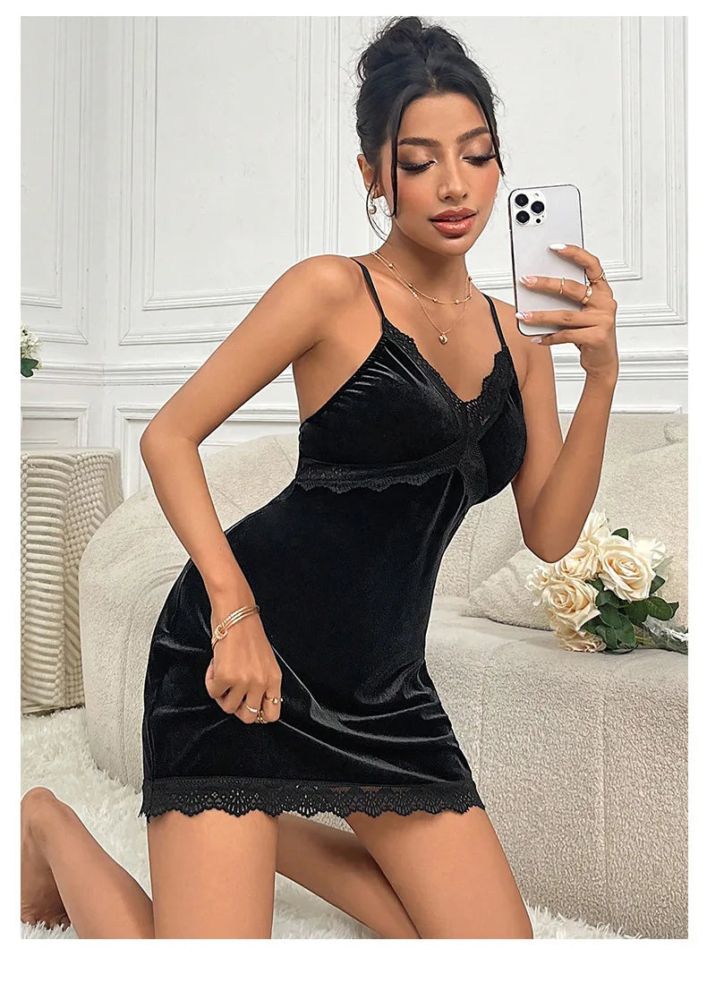 Women's Velvet Nightdress Sexy Deep V Nightgown Female Lace Patchwork Suspender Skirt Backless Adjustable shoulder strap Dress