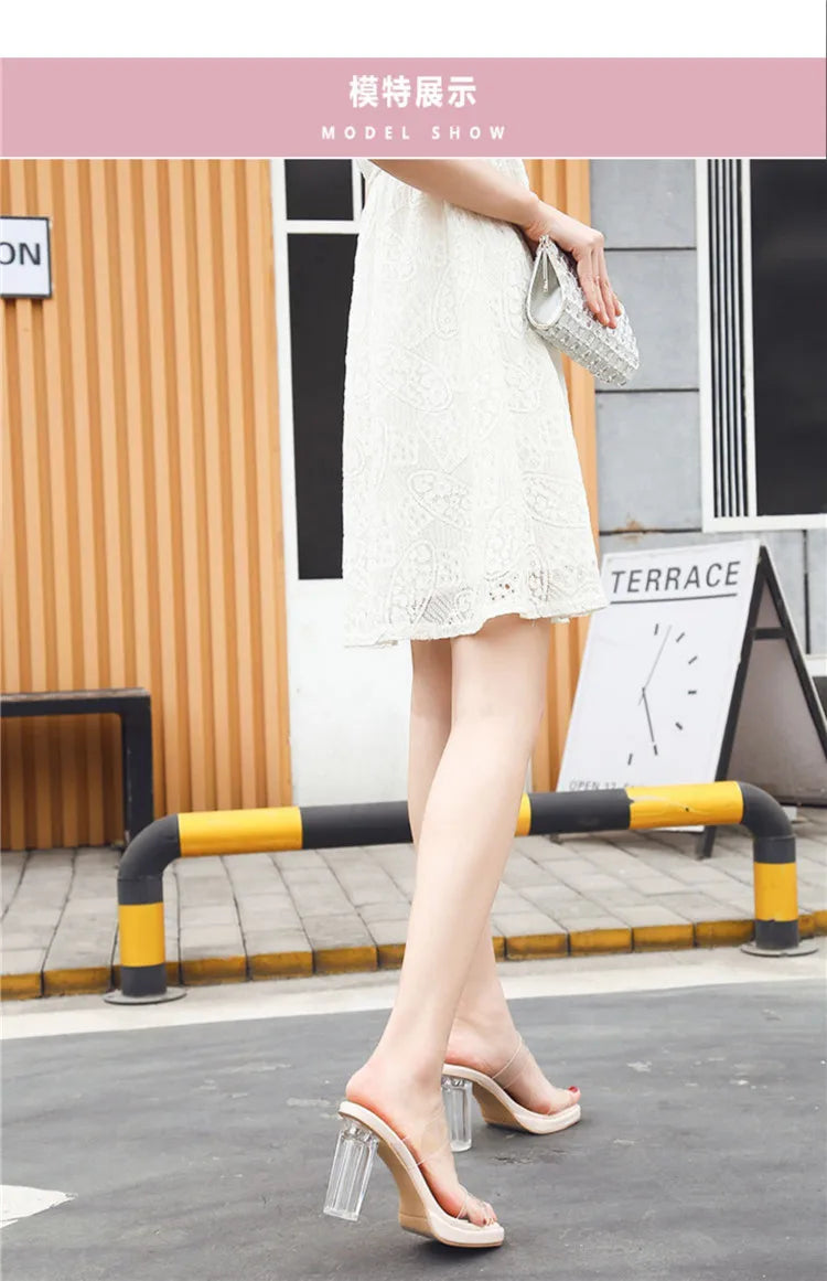 Women's High Heels, 2024 Summer New Waterproof Table with A Line Not Tired Feet Thick Crystal Slippers, Women's Shoes