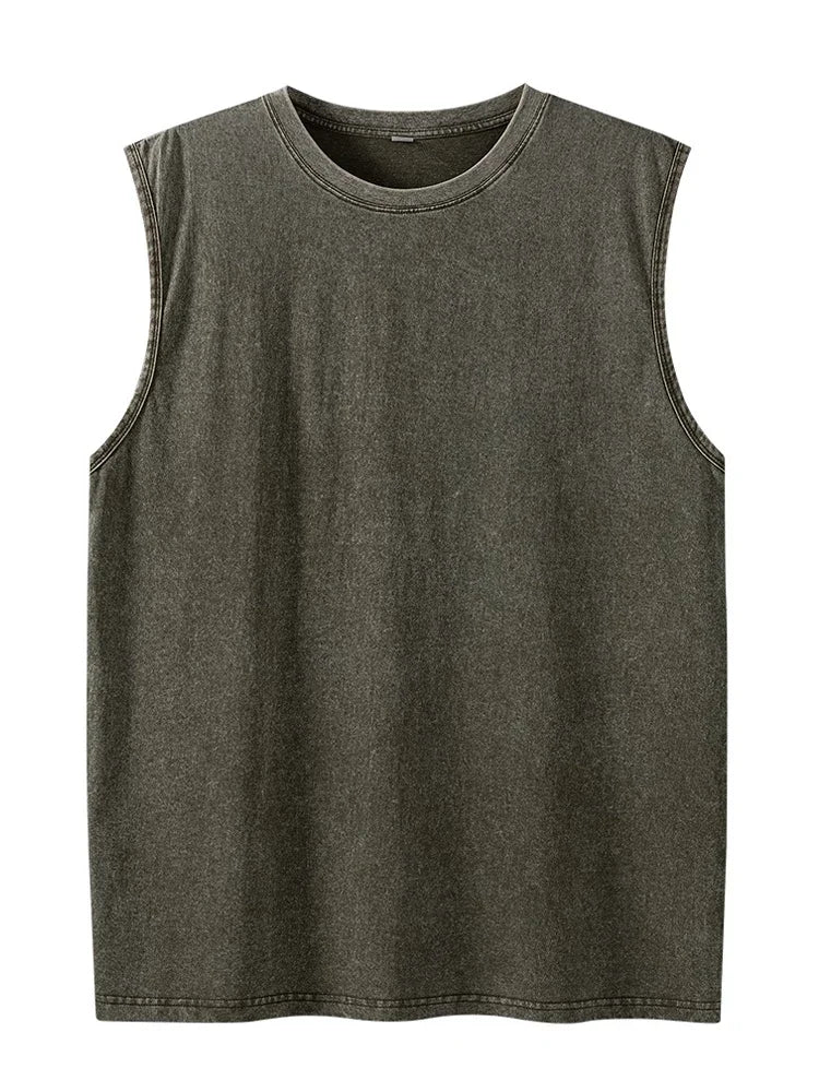 2025 Summer New Men's Washed Cotton Tank Tops Muscle Gym Sleeveless Workout T Shirts Running Beach Loose Cutoff Tees