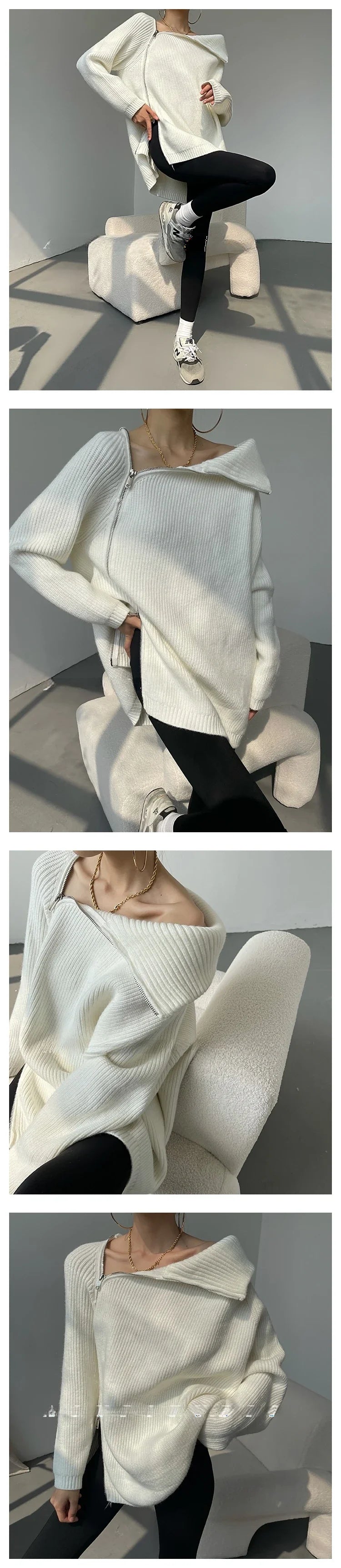 Oversized Zip Turtleneck Knit Sweater