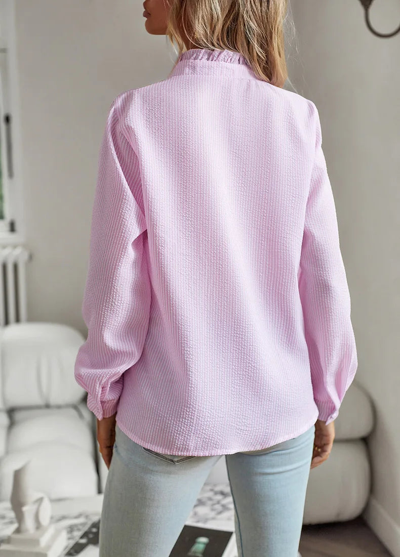 Women's Shirt Elegant Long Sleeve Ruched Stand Neck Office Lady Blouse Casual Button Shirts Harajuku Tunics Street Simple Tops