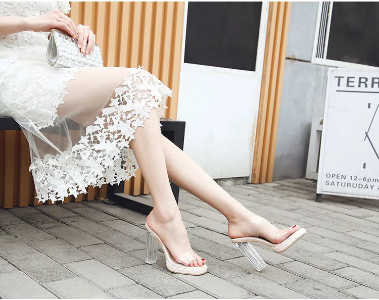 Women's High Heels, 2024 Summer New Waterproof Table with A Line Not Tired Feet Thick Crystal Slippers, Women's Shoes