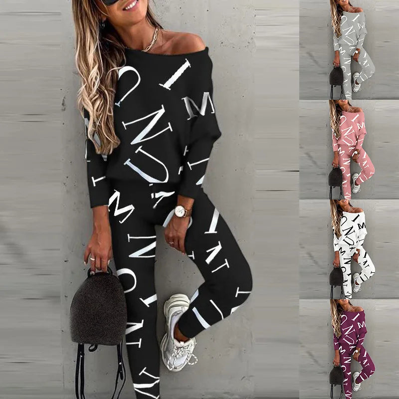 Women's Yoga Set Soft Outfit Letters Print Long Sleeve Top Spring Tracksuit Casual Sports Fitness Yoga Suit