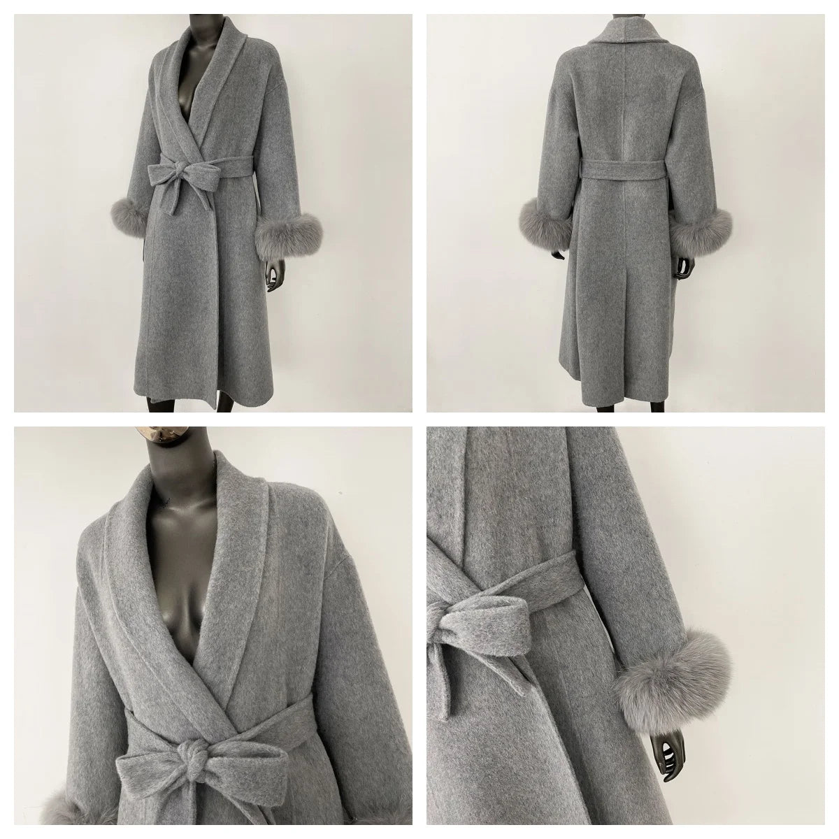 Women's Wool Coat with Fur Cuffs Minimalist Soft Wool High Fashion Belted Winter Fur Trim Coat Old Money Style Natural Fur Coat
