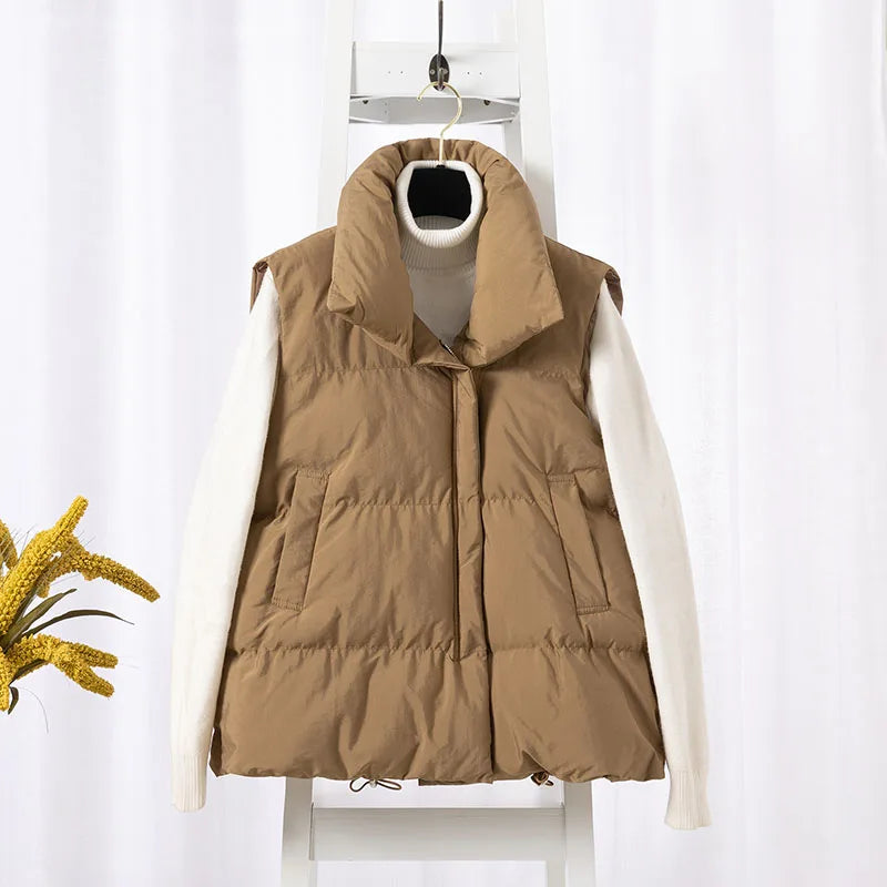 Women Fashion Autumn New 2026Stand Collar Elegant Down Coats Warm Outerwear Casual Belt Sleeveless Winter Women Vests Jackets