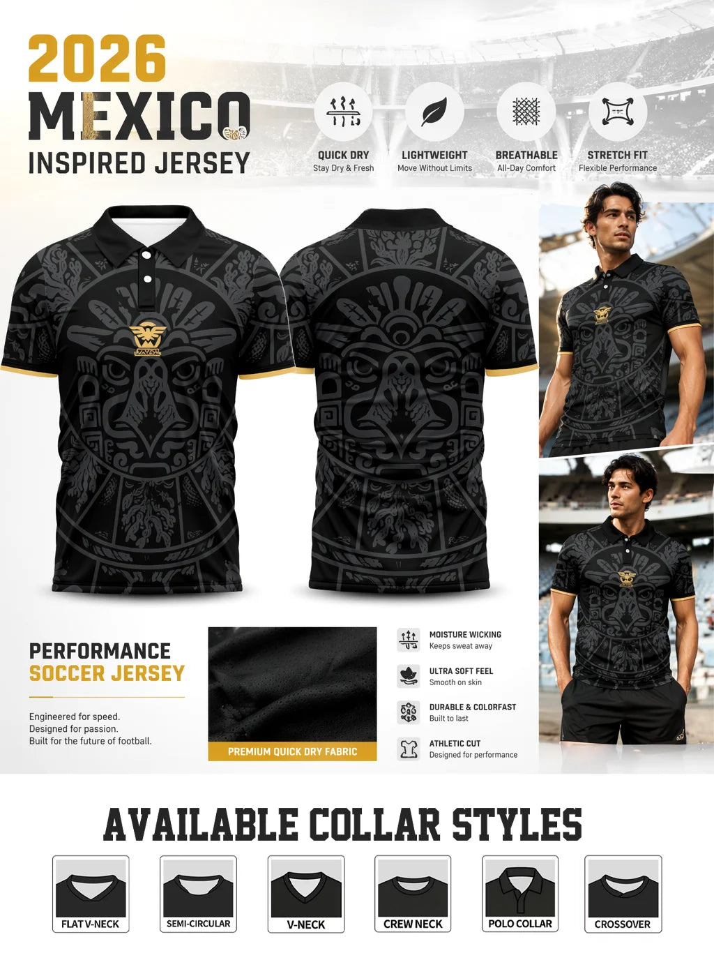 Men's Mexico inspired football polo. Classic black & gold design, lightweight top for sports and daily casual wear