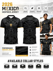 Men's Mexico inspired football polo. Classic black & gold design, lightweight top for sports and daily casual wear