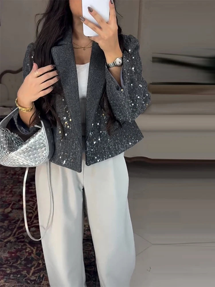 Elegant Cropped Sequin Blazer Jacket