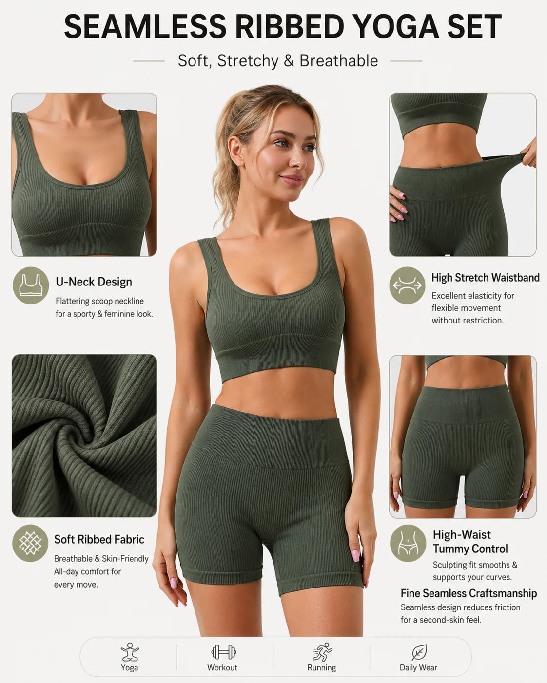 Seamless Ribbed Yoga Set 2 Piece Workout Outfit, Crop Tank Top & High Waist Biker Shorts Gym Suit for Fitness, Running, Pilates